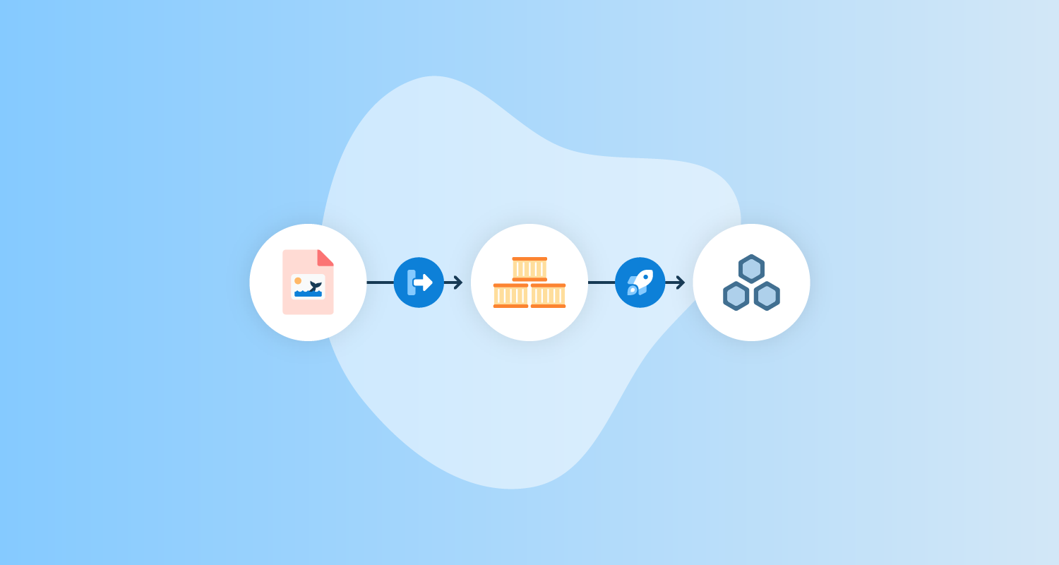 Illustration of Docker logo being pushed to ECR logo being deployed to EKS logo