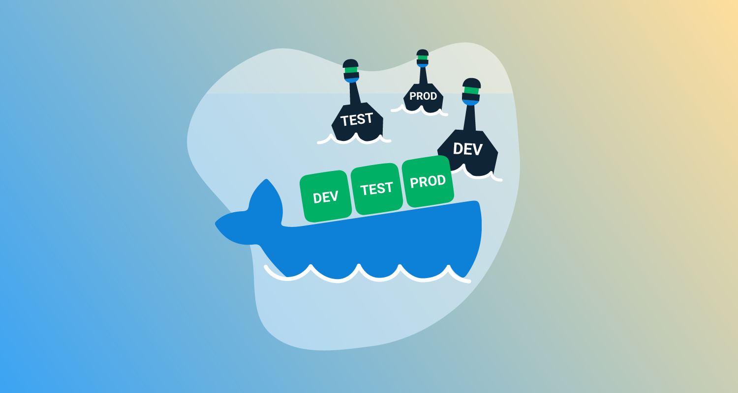 Whale-shaped boat holding 3 blocks called dev, test, prod near 3 buoys called dev, test, prod.