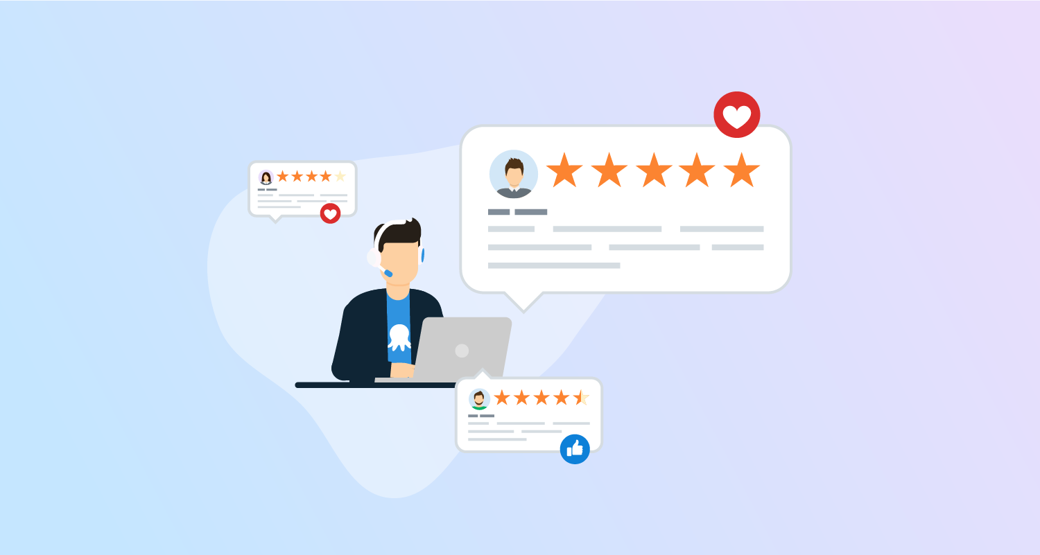 Octopus salesperson at laptop with headset and icons representing customer feedback