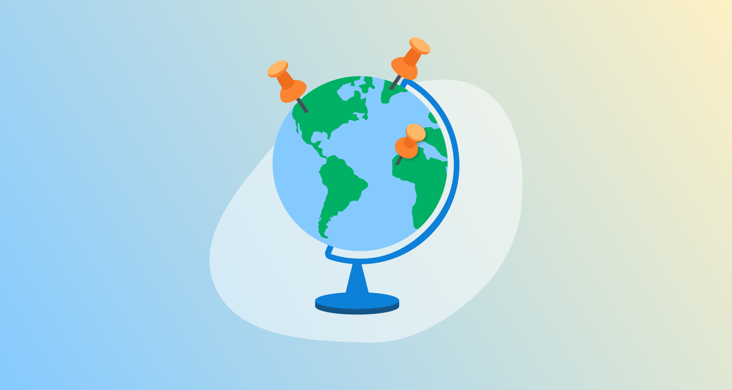 World globe with three oversized orange pins in different locations.