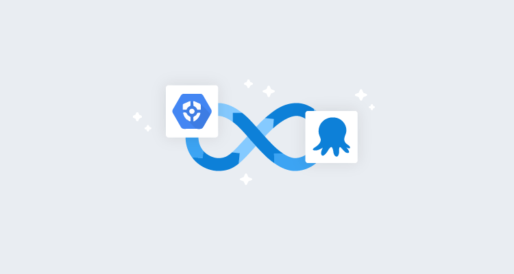 Google Cloud Secret Manager logo and Octopus Deploy logo sit in front of a blue CI/CD infinite loop symbol
