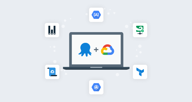 Octopus and Google Cloud logo on a laptop surrounded by logos of features that support GCP deployments