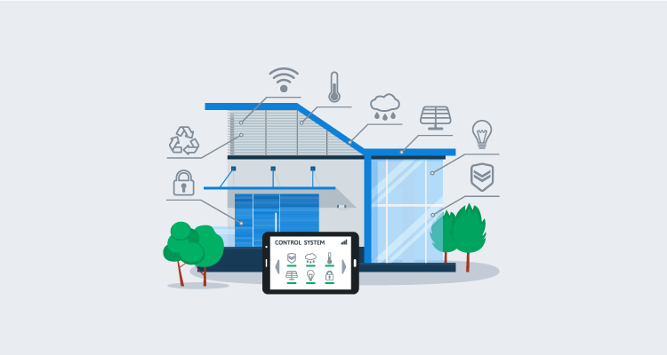 A modern home front and a tablet device surrounded by icons representing different home automation