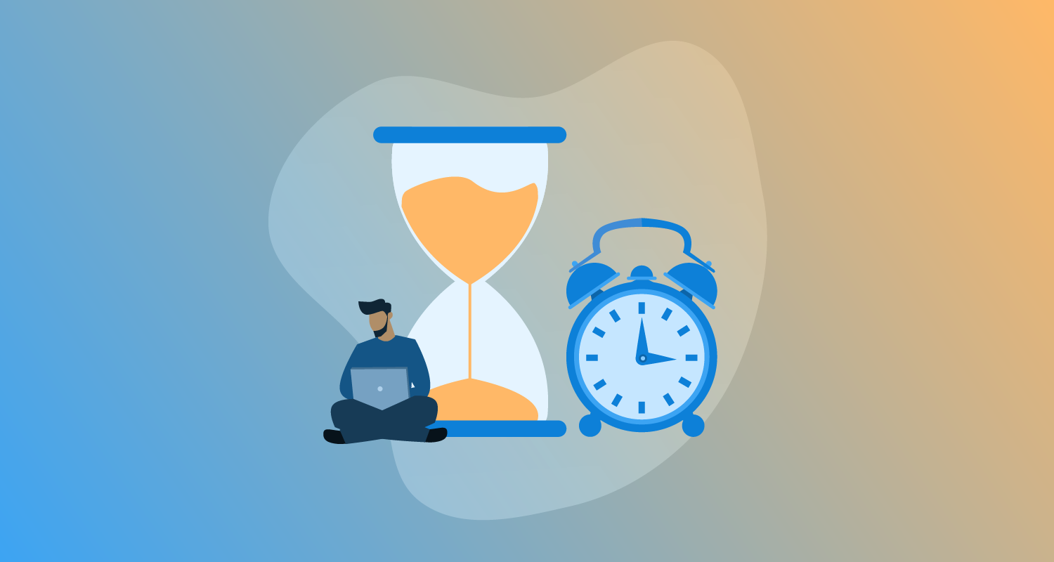 Person sitting cross-legged with a laptop in front of a giant hourglass and alarm clock.