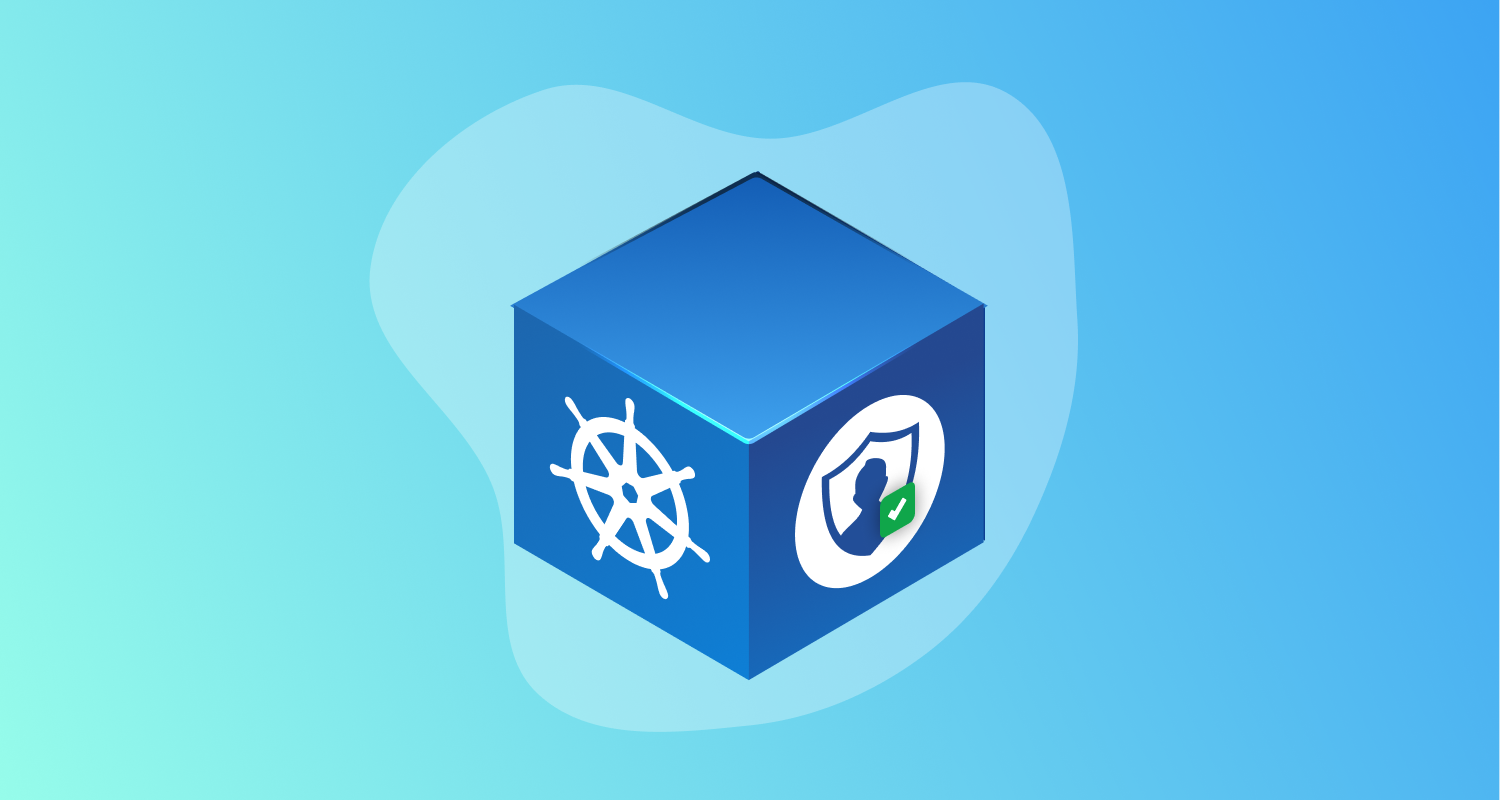 Kubernetes-branded cube with a security shield and silhoutte with green tick on its side.