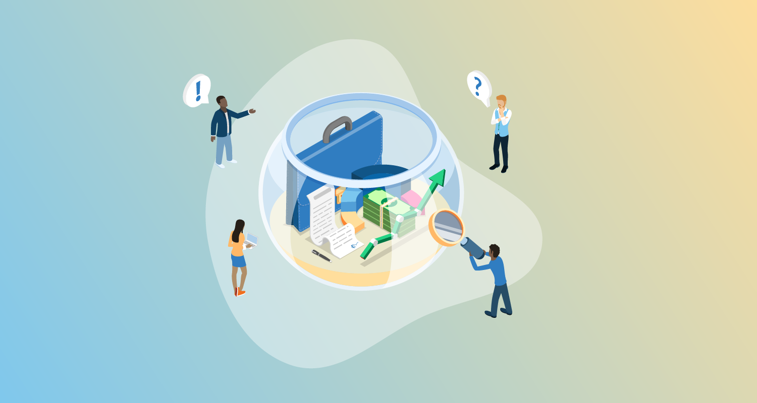 Four people analyzing business documents and data contained within a transparent sphere, with question and exclamation marks in speech bubbles