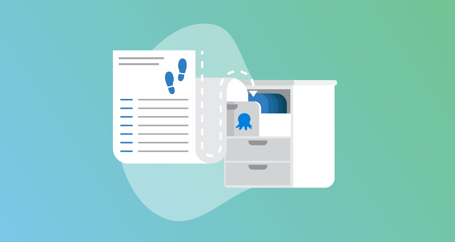 Policy document going into a drawer with an Octopus logo on the front.