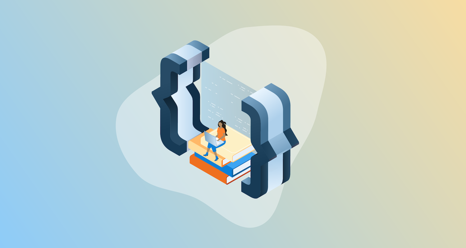 Graphic of a woman sitting on a large stack of books while working on laptop, surrounded by large, three-dimensional curly braces.