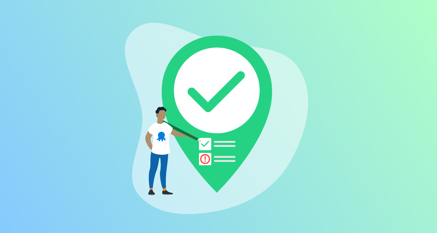 A person adding a tick to a checklist which is above an item marked with an exclamation mark