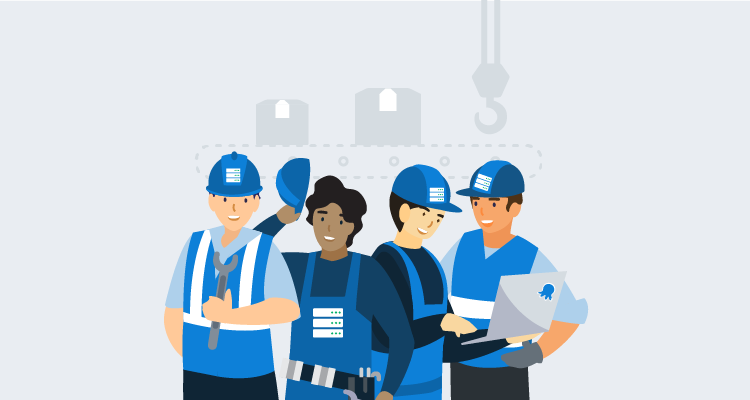 Four people in hardhats in blue uniforms, one holding an octopus deploy branded laptop