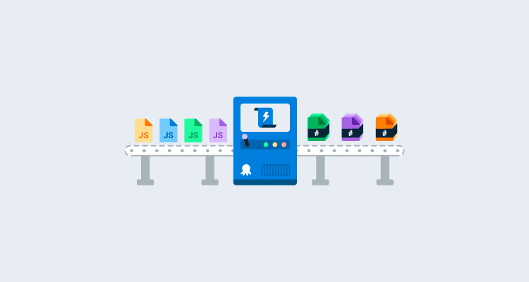 Javascript files on a conveyor belt entering an Octopus deployment process machine. They come out bundled with a reference variable.