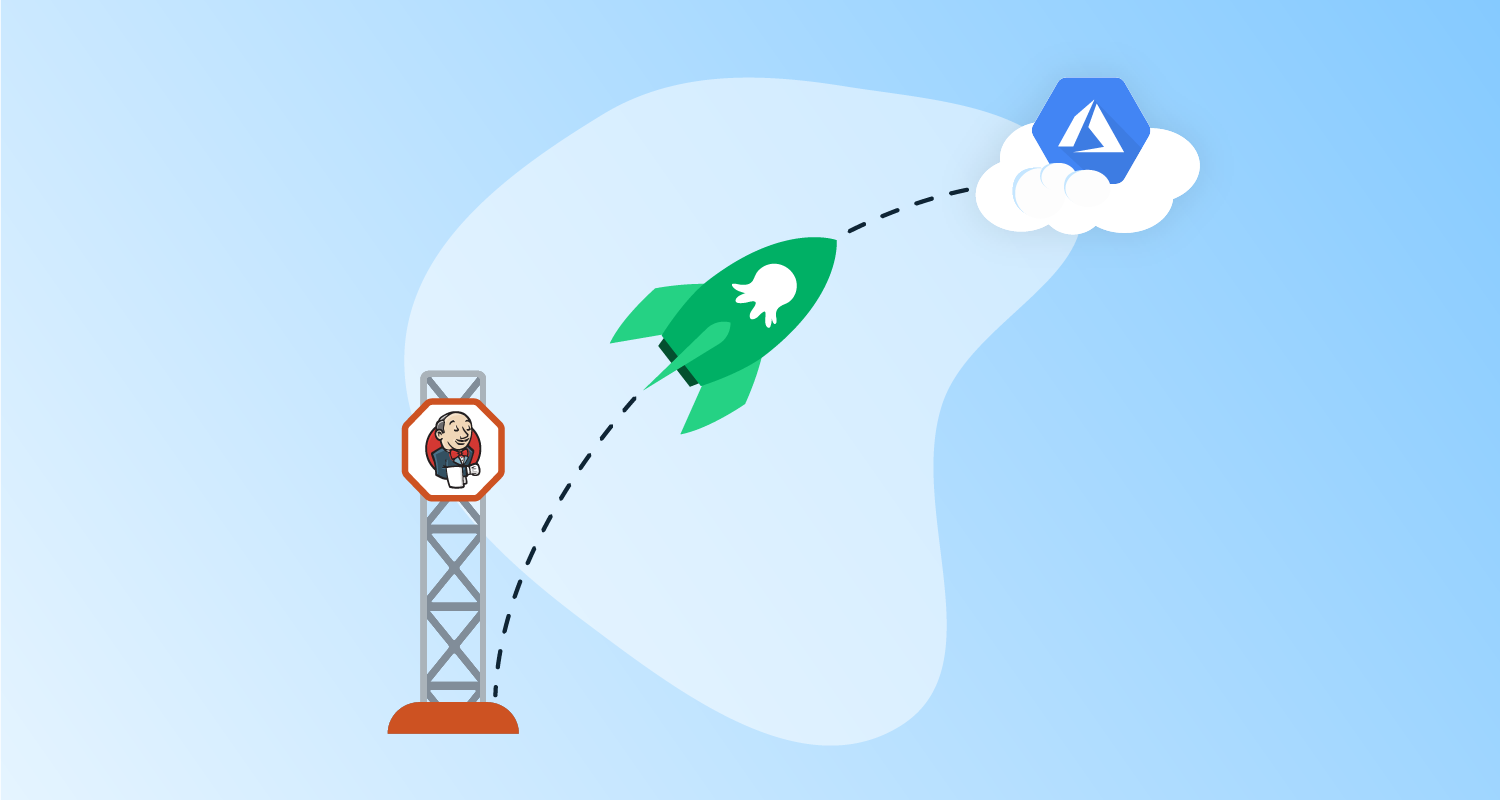 A rocket coming from a Jenkins launch pad and being deployed via Octopus Deploy towards an Azure logo in the clouds.