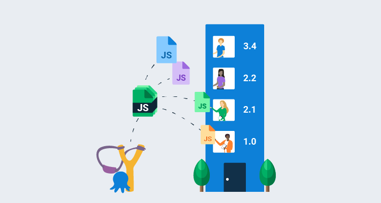 Blue octopus using a slingshot that catapults four JS files to people standing at the numbered windows of a four storey building.