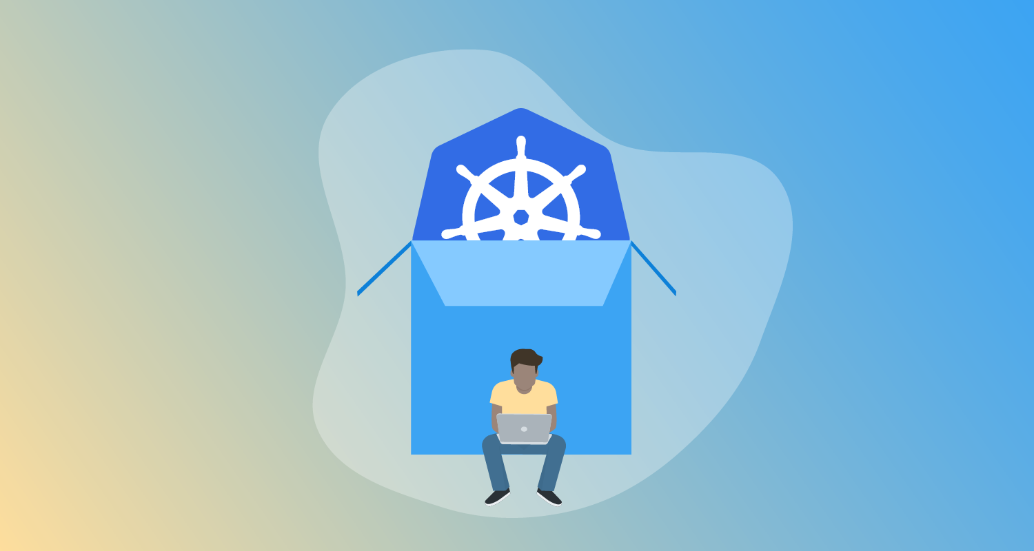 Kubernetes icon peeking out of package with someone sitting in front of it with a laptop.