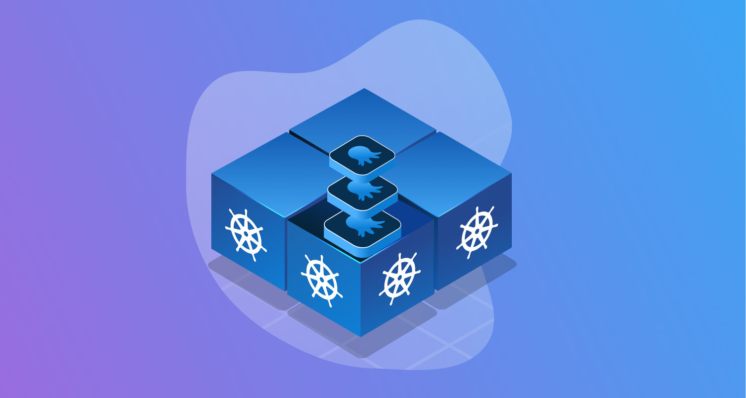 Octopus Deploy logos falling into many Kubernetes-branded boxes.