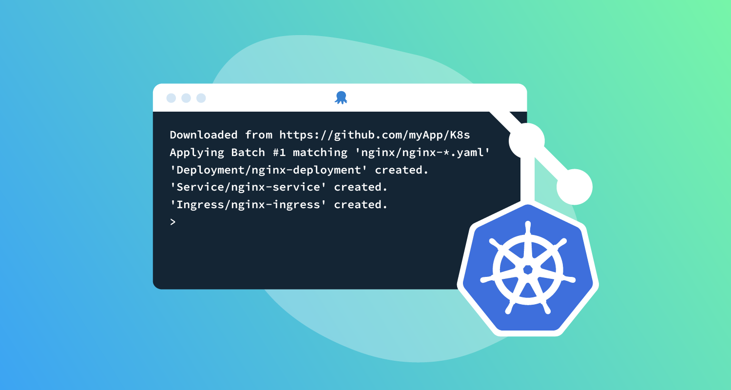 Kubernetes logo and Octopus branded terminal showing output from a task log.