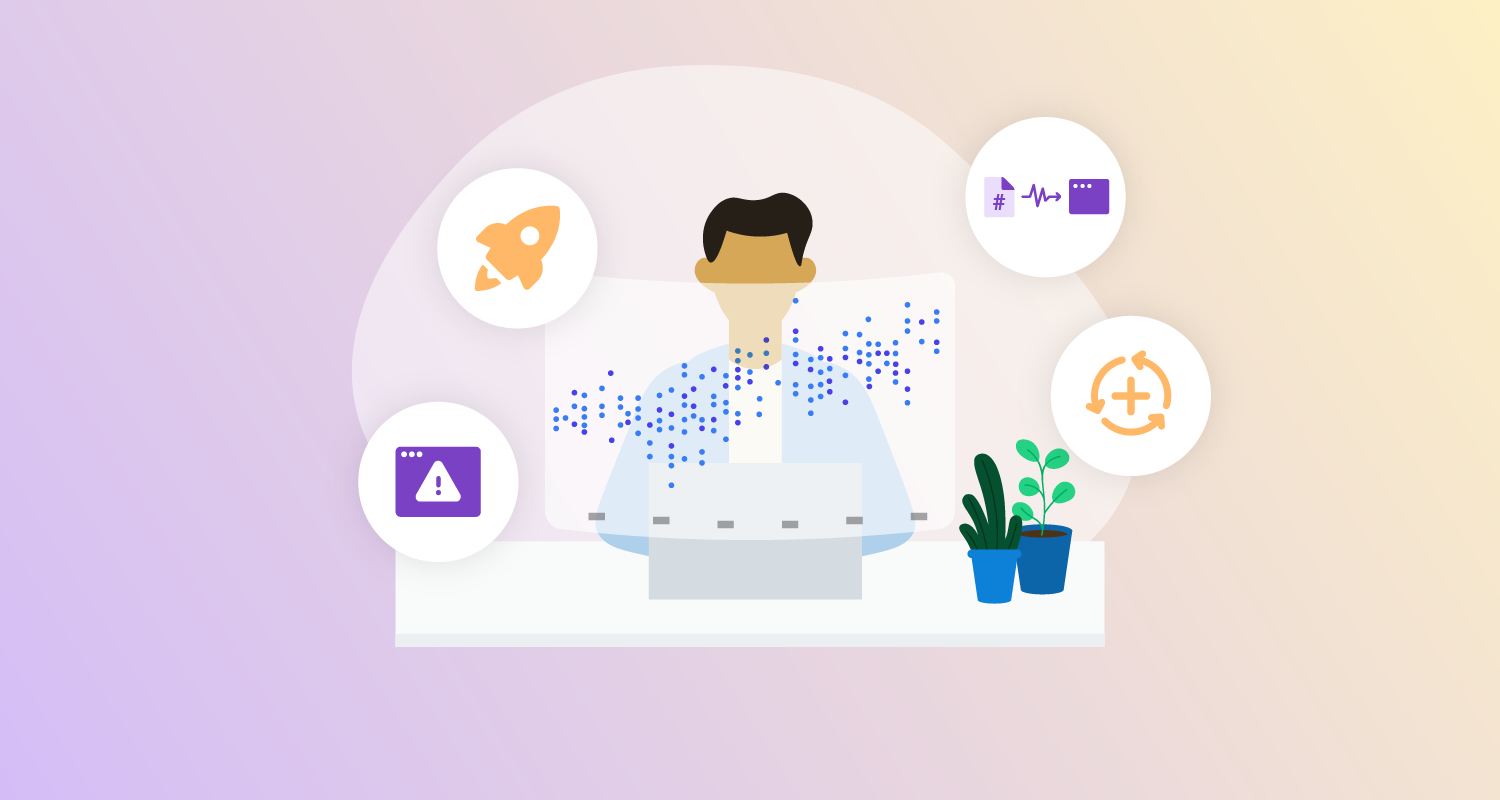 A slightly transparent computer screen with someone analyzing data behind it, with different metrics floating around the person.