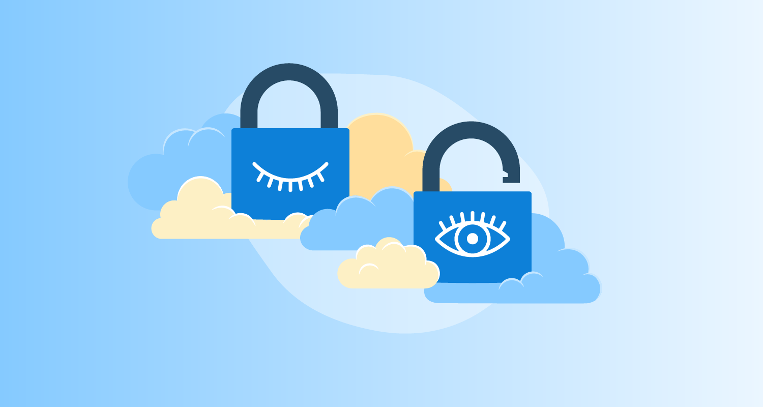Two blue padlocks sitting amongst clouds, one open and branded with an open eye,  the other closed and branded with a closed eye.