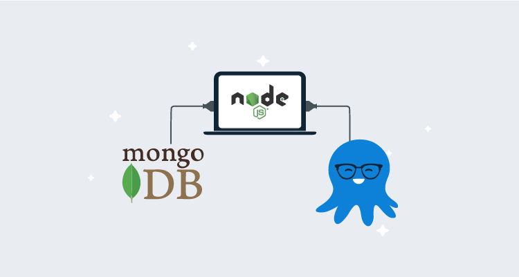 NodeJS logo on a laptop screen in between and connected to MongoDB logo and octopus with glasses.