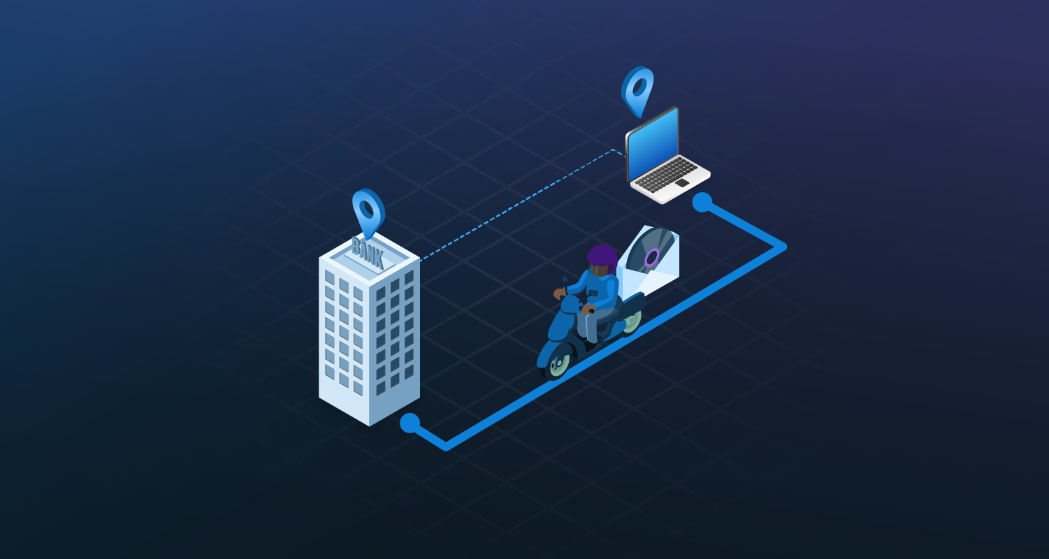 A delivery person on a scooter carrying a disk in an envelope from a laptop to a bank.