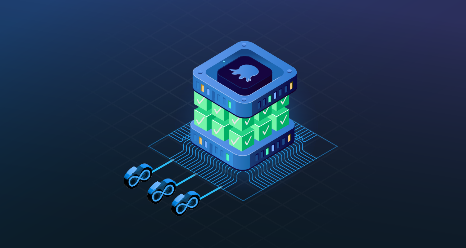 Octopus server containing multiple cube shaped check boxes to represent batch automation. Lines are connected to the server and attached to infinity bikes representing tenants and delivery.