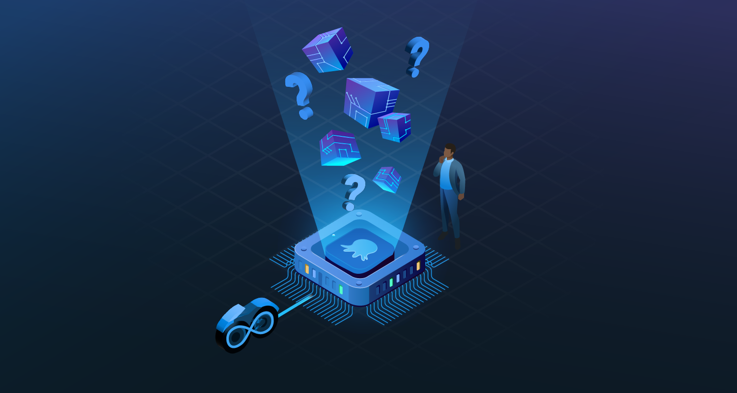 Octopus infinity light cycle leaving Octopus Deploy with question marks and digital packages hovering above, beside a man looking confused.