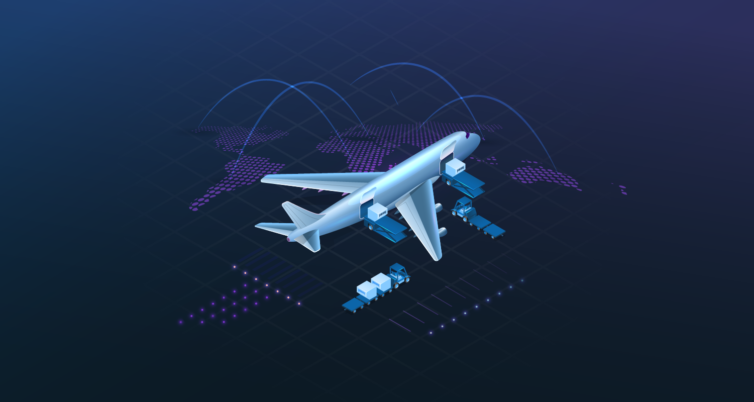 Airplane on an air strip with guidance lights, being loaded with packages, sitting in front of a world map with lines pointing to different countries.