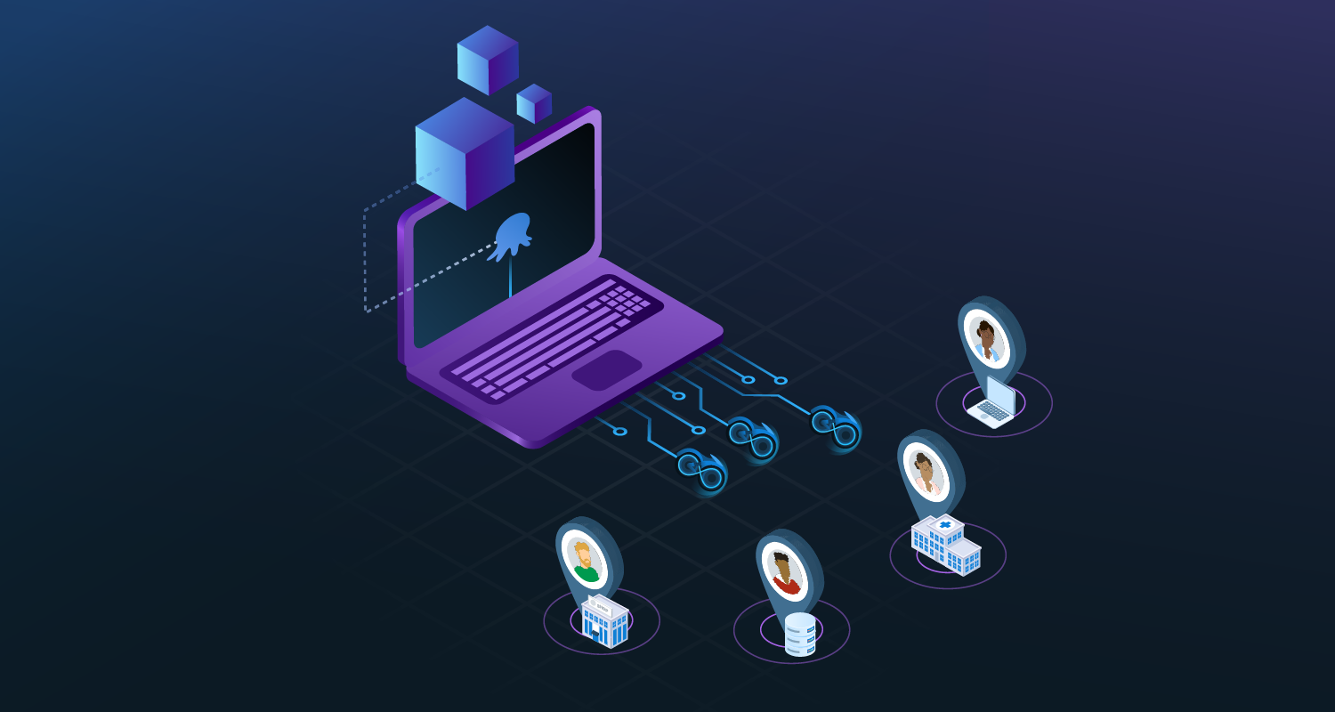 Icons for tenants and an open laptop with Octopus logo on screen