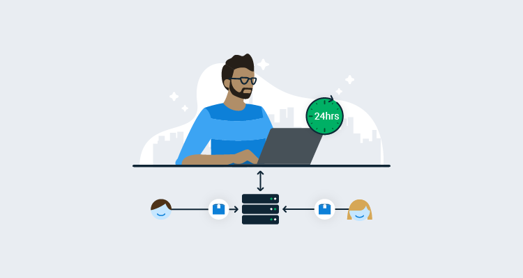 Man sitting with open laptop, in front of cityscape in the background and 24hr icon. Below are icons of 2 people deploying to a web server.