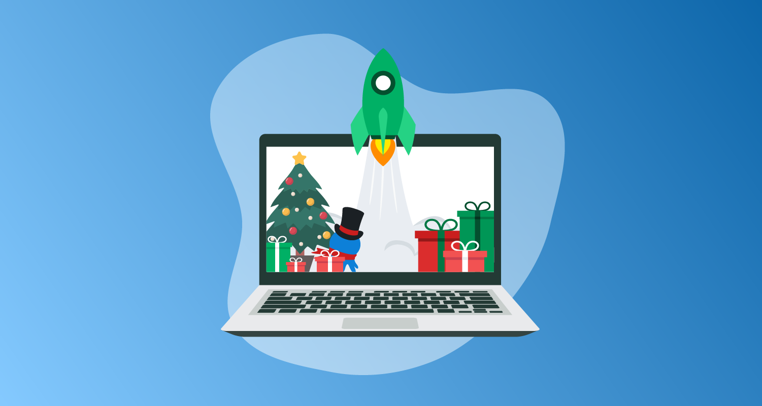Rocket in front of a an open laptop with a Christmas scene on screen including a Christmas tree, presents, and a Scrooge-like Octopus.