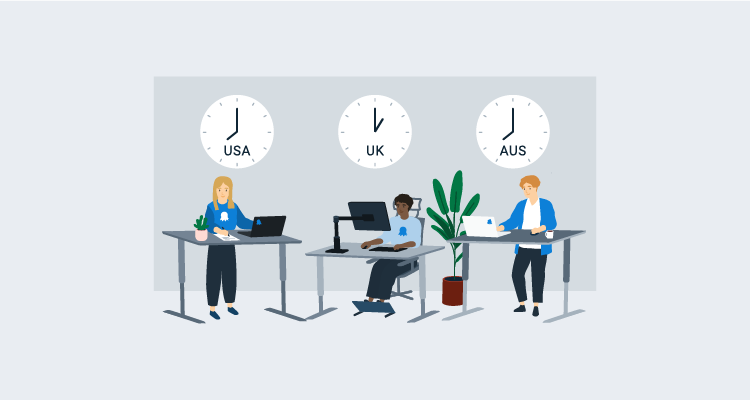Three Octopus support workers at their computers with a clock above each, one showing US time, one UK time and one AUS time.