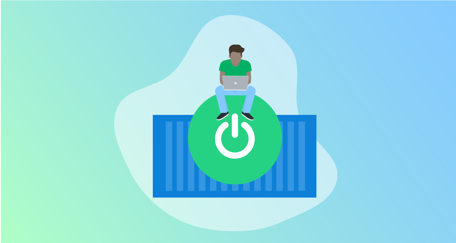 Man sitting on top of container with green circle with a power up icon
