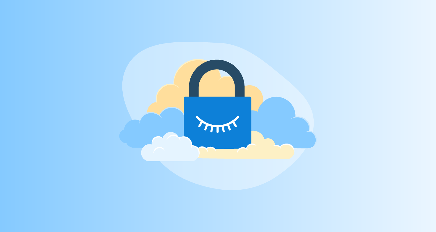 Illustration of a blue locked padlock branded with a closed eye to signal private VPC, sitting amongst clouds.