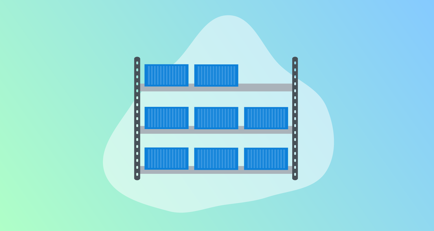 Three-tiered shelf housing eight blue containers.