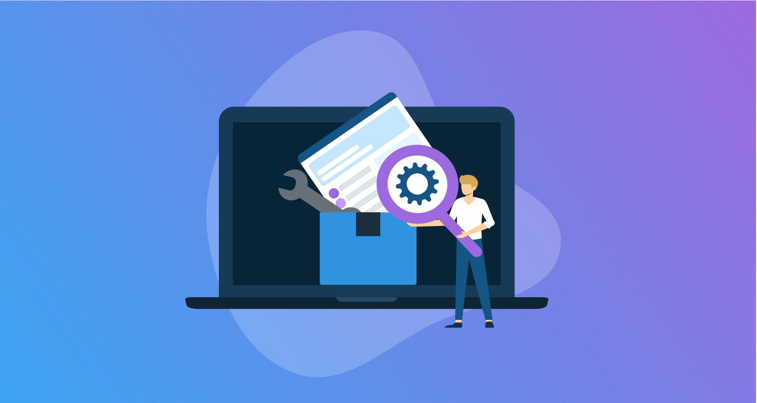 Stylized person with a giant magnifying glass over a laptop screen.