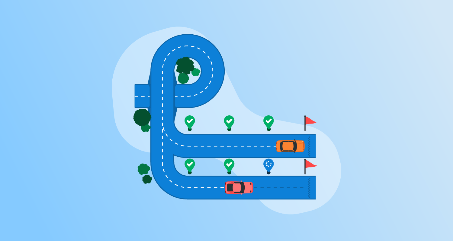 A Github Actions logo-shaped road with two roads, one with a car that's completed the end-to-end test and one that's in progress.