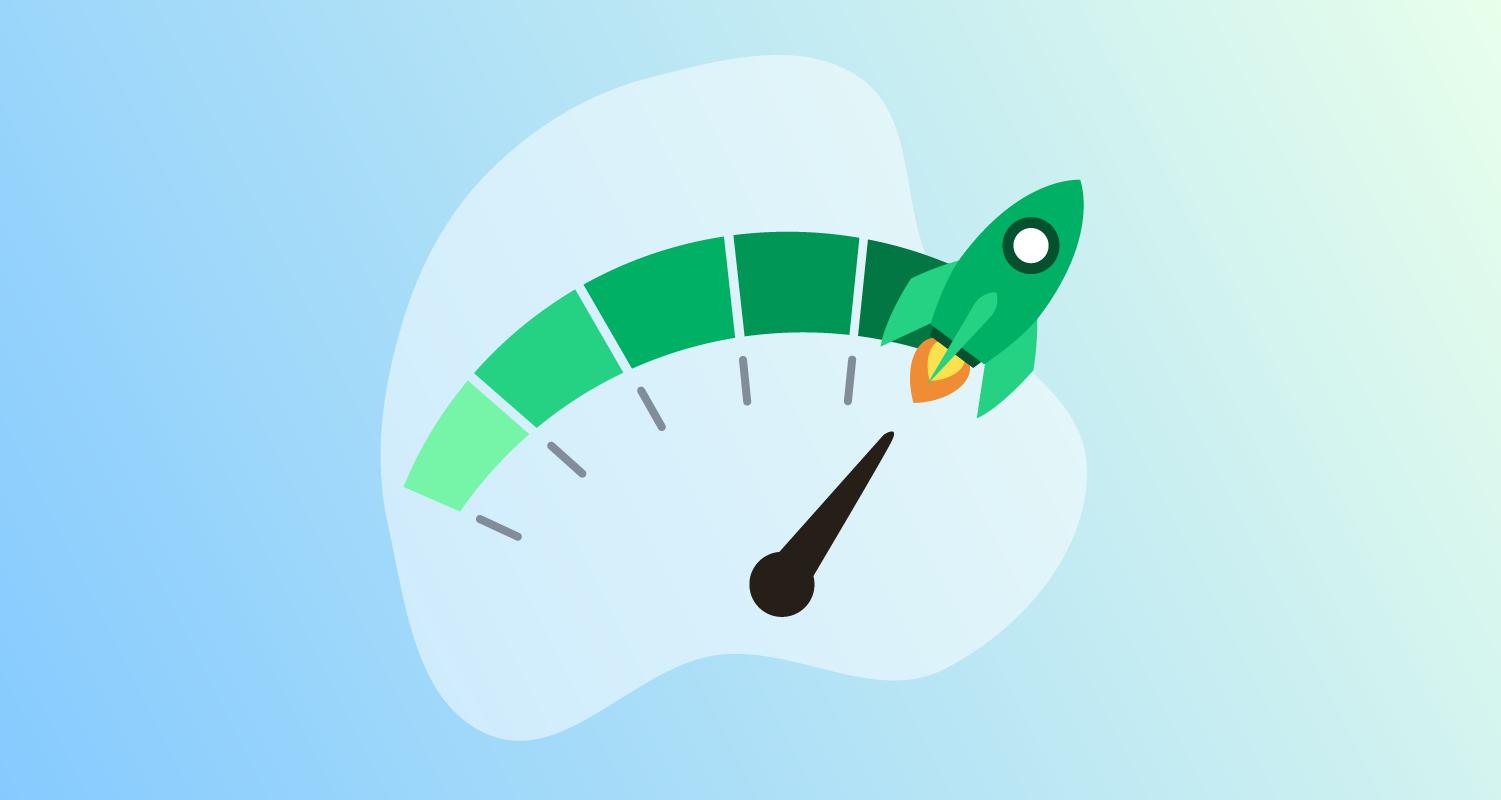 Green speedometer with the arrow at maximum speed where a green rocket is launching.