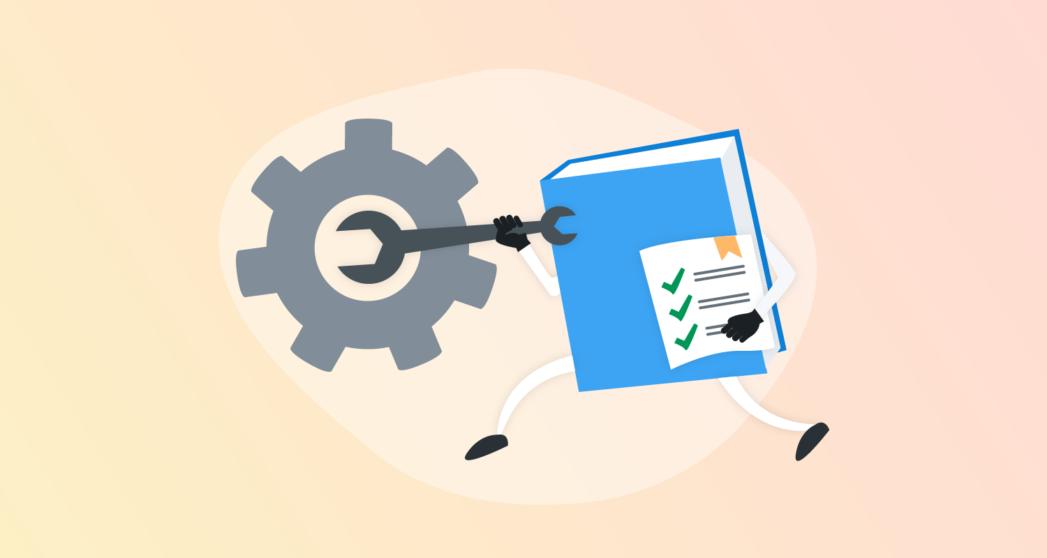 A book with arms and legs is holding a checklist under one arm and has a screwdriver in the other hand.