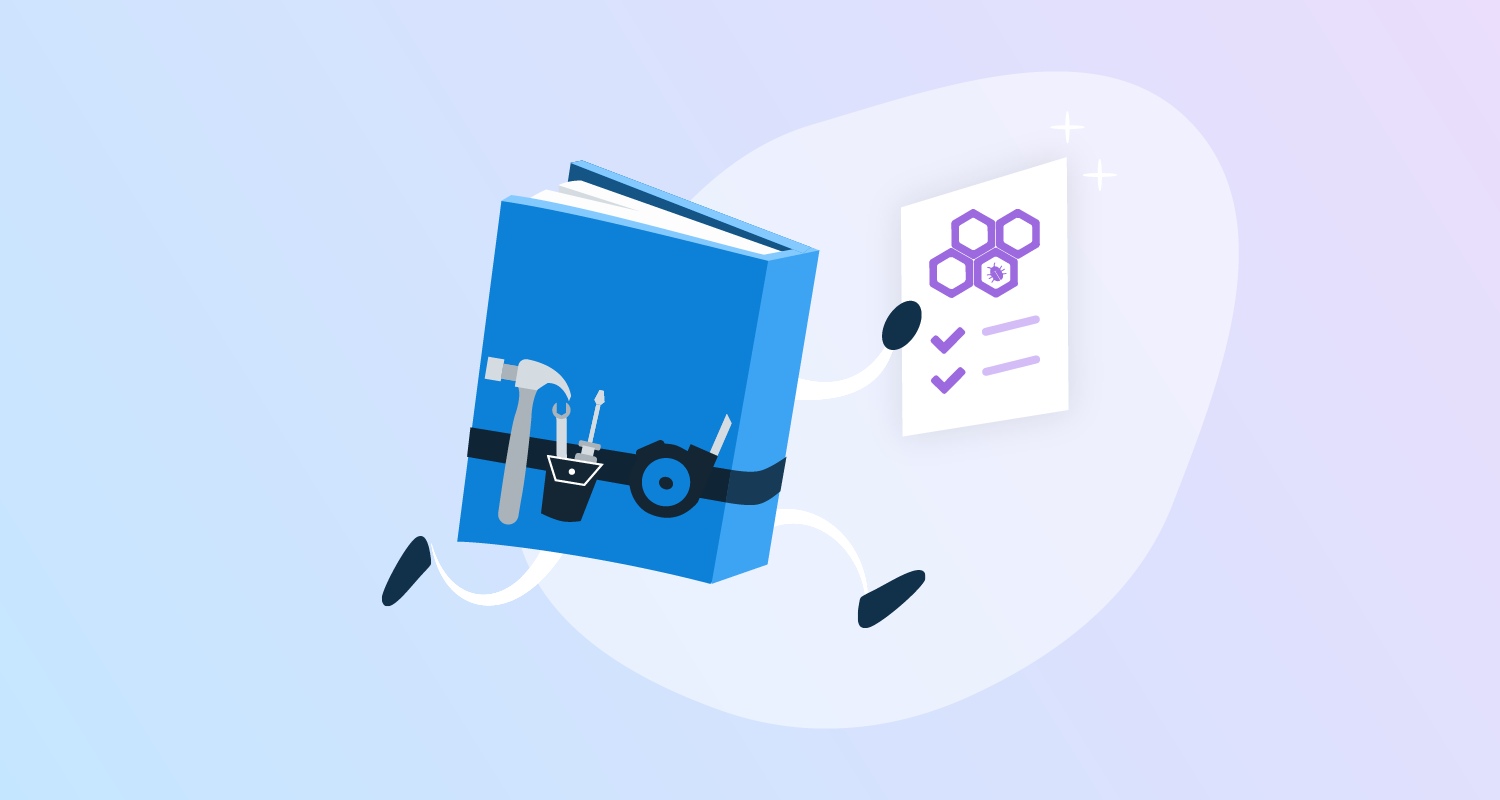 A book with legs and arms is wearing a toolbelt and running with a checklist in its hand