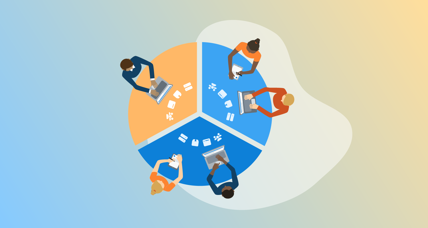 Overhead shot of a round table split into three equal parts, with people working on laptops and notebooks at each section.