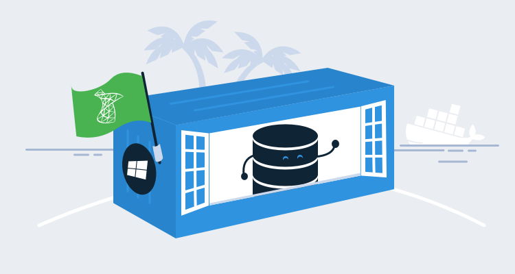 SQL Server database in a Docker container on a desert island with a Docker container ship in the background