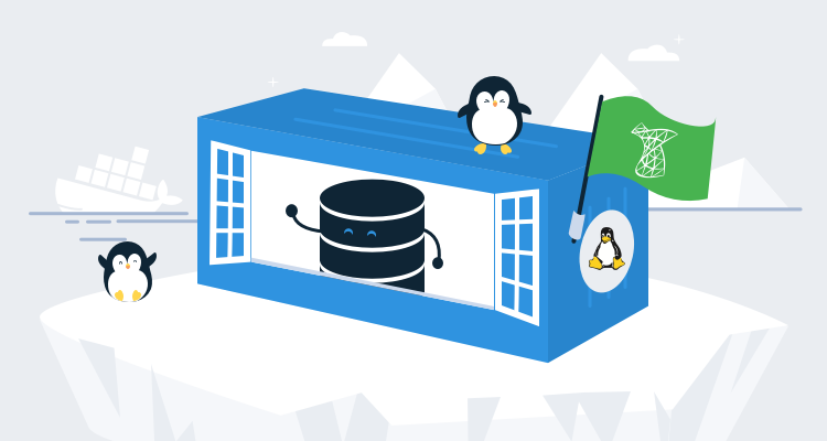 SQL Server database in a Linux-based Docker container on an iceberg with a Docker container ship in the background