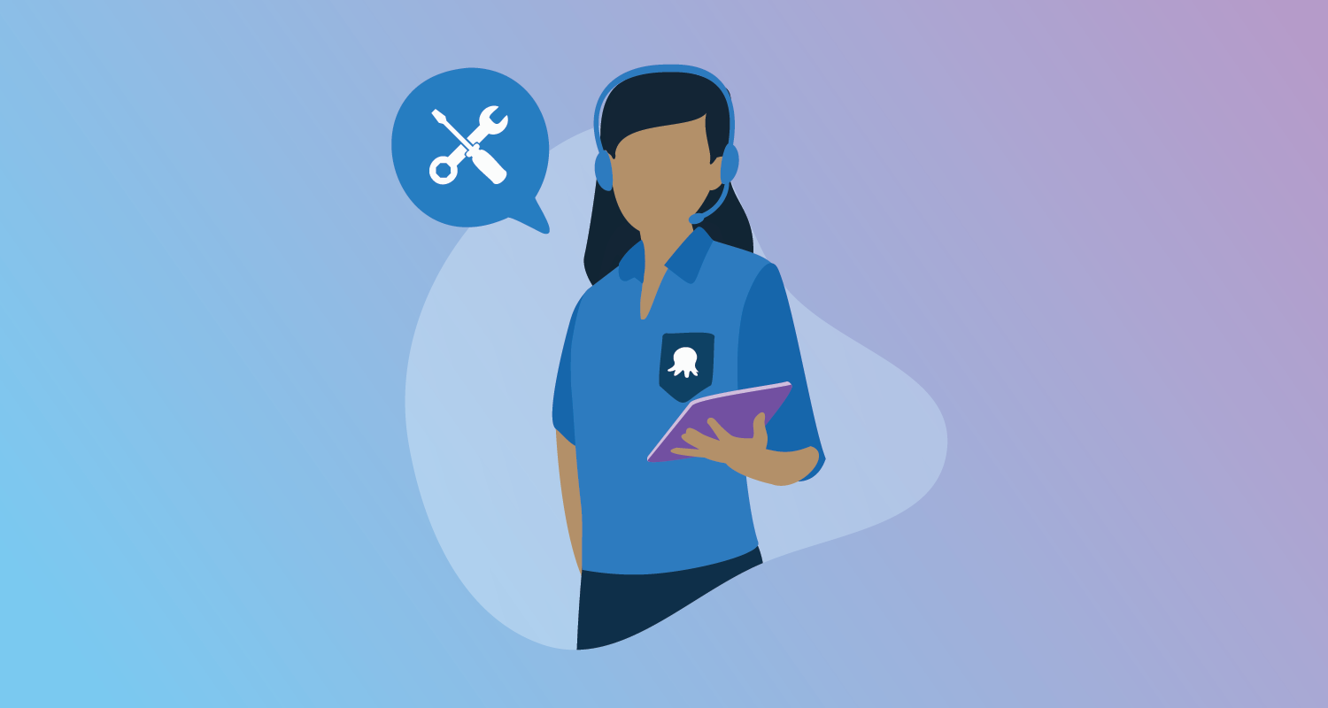 Silhouette of a woman wearing headphones with a mic in an Octopus branded tee holding a tablet.