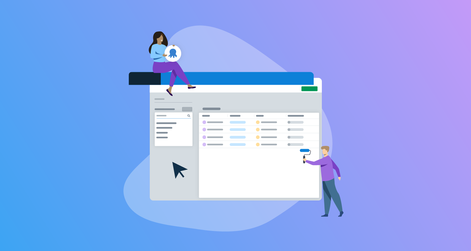 Stylized image of two people working on the tenants overview dashboard UI