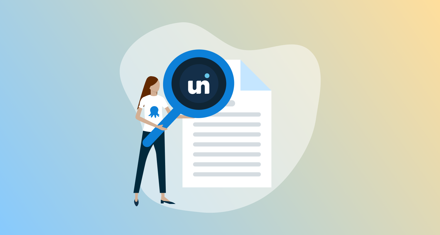 Person holding a giant magnifying glass over the Unily logo on a giant piece of paper.