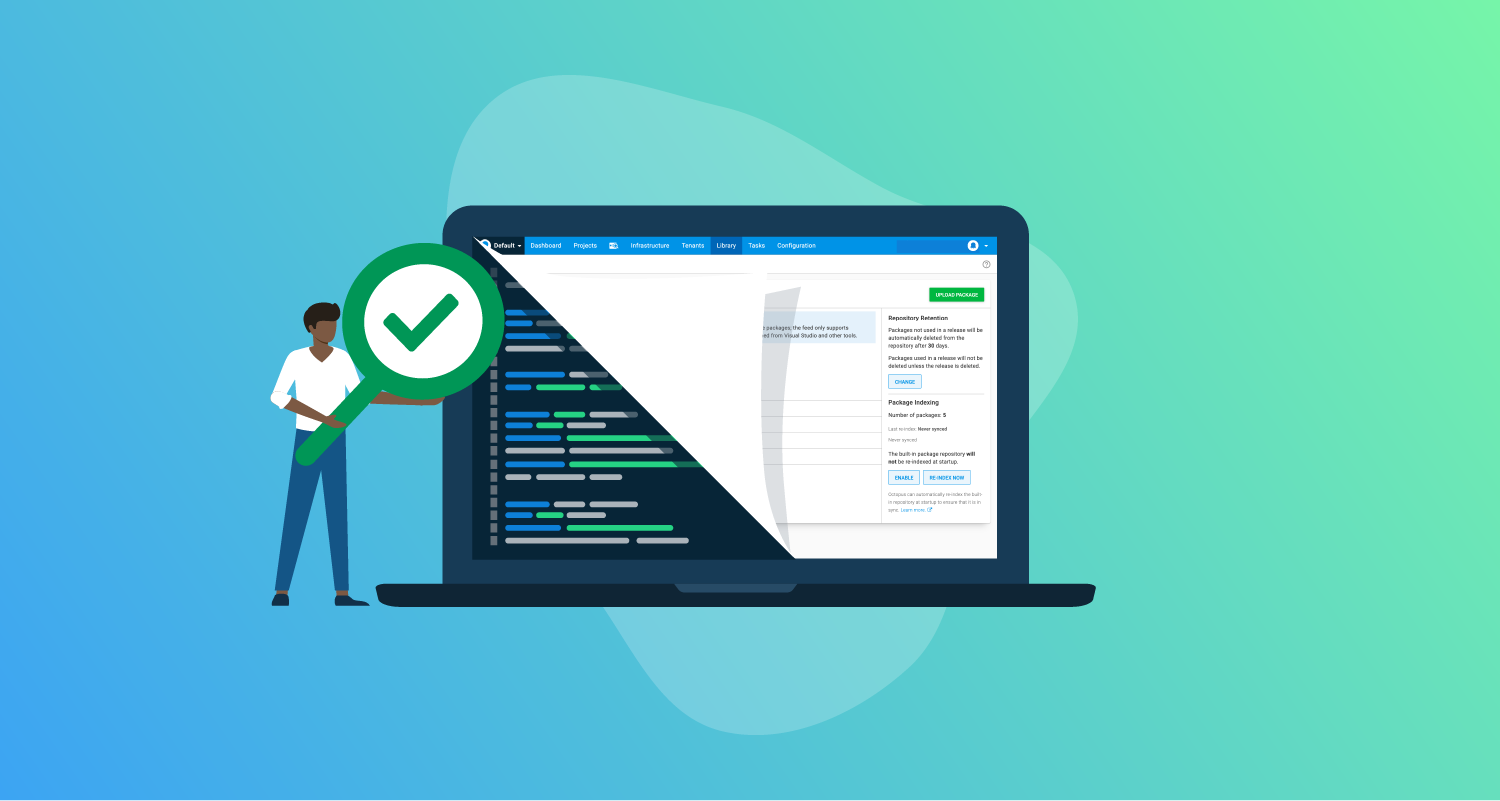Stylized person in front of laptop looking at code, with a green tick of approval.