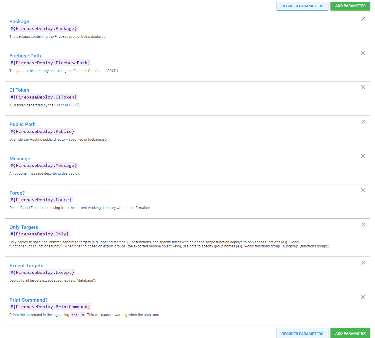 Parameters for the Firebase Deploy step