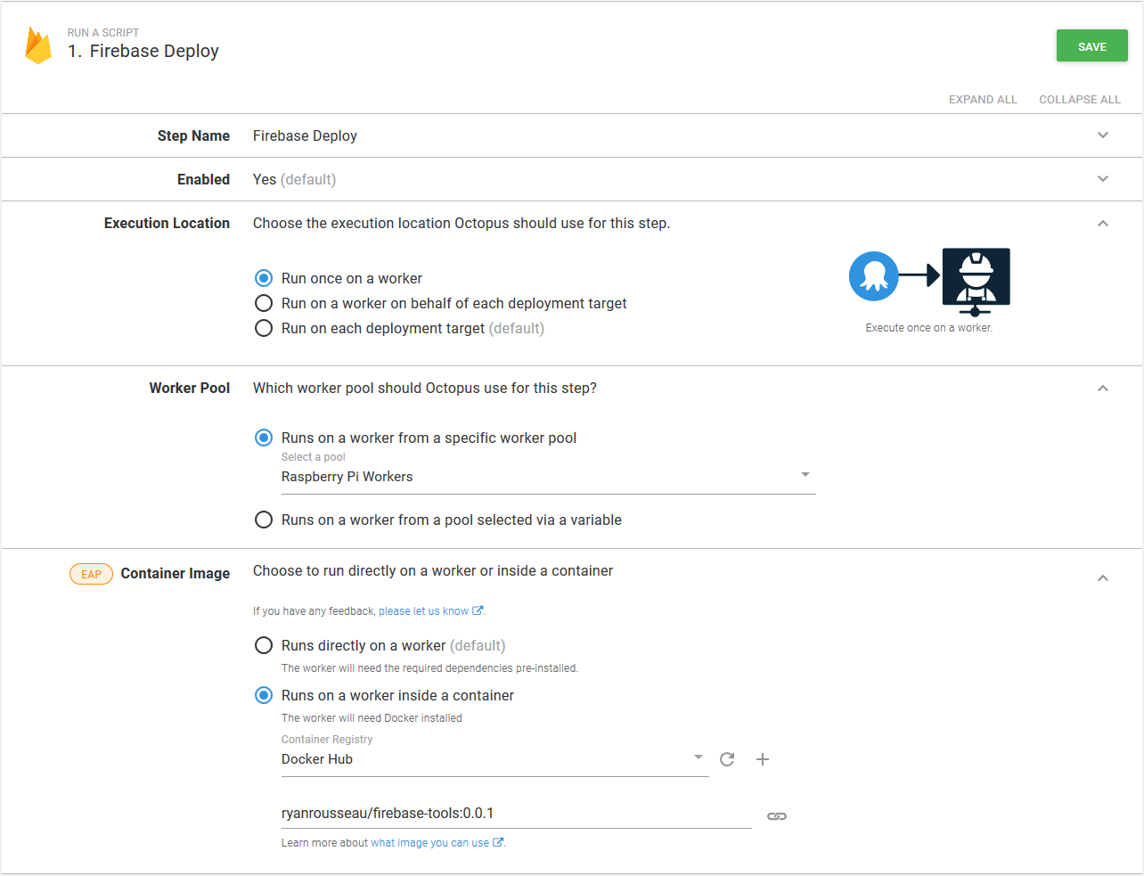 Firebase step configured to run on a worker