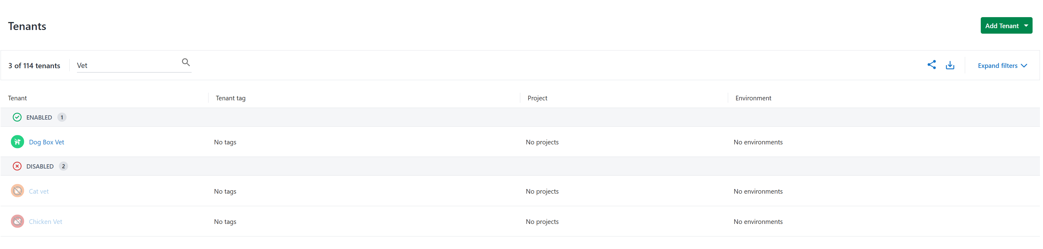 Tenants are now grouped by their enabled or deactivated state