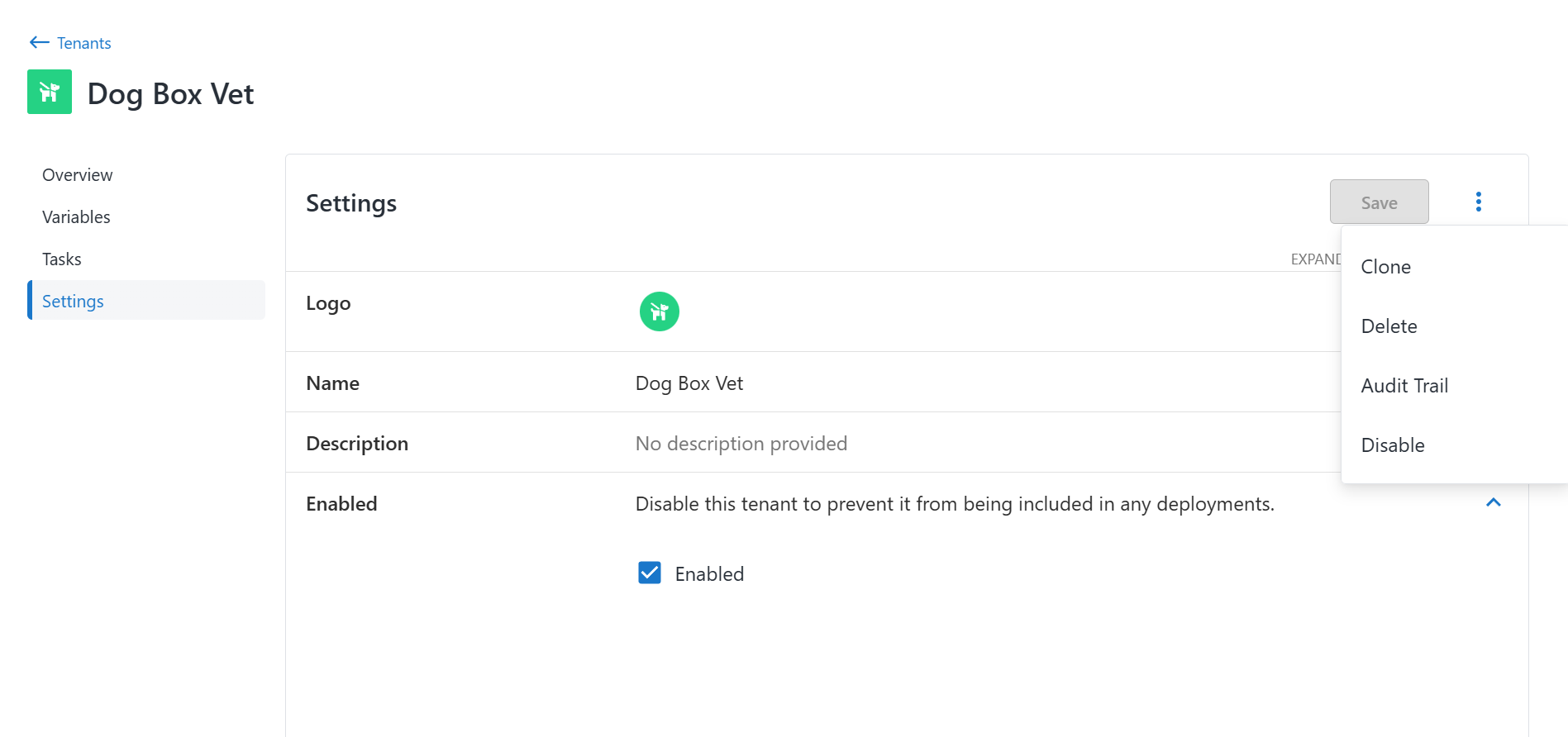 Octopus Deploy tenant settings with Enabled and Disable